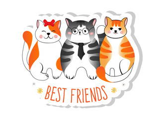 Sticker cute gray striped cat and red cats isolated on white background. Vector illustration for children "Best friends".