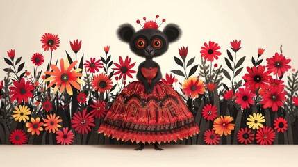  A lady wearing a red dress stands amidst a field of blossoms and a koala can be seen in the backdrop