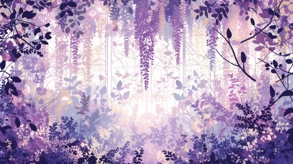  A forest painting with an array of vibrant purple, pink and green foliage set against a backdrop of soft white