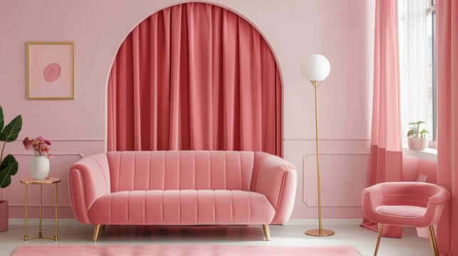 A living room featuring pink walls, a pink sofa, a pink rug, a pink armchair, and a matching area rug