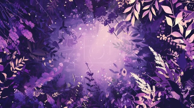  A photo of a dense purple forest filled with plants and vibrant flowers illuminates the central point of the image