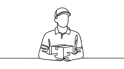 Continuous line art or One Line Drawing of delivery man standing with parcel post