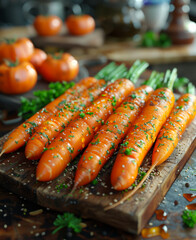 Fresh baby carrots with parsley and thyme on rustic wooden chopping board in country kitchen - 768738495