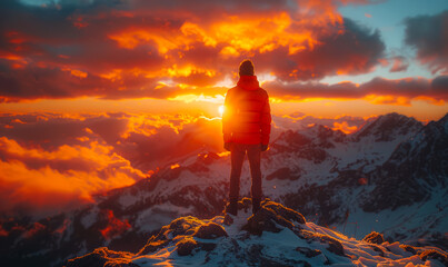 Traveler stands on snowy peak and watching into the misty valley to the rising sun