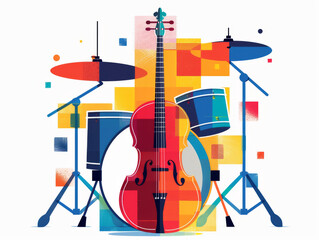 A guitar, drums, and drumsticks on a colorful background