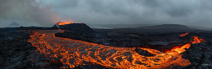 Beautiful aerial panoramatic view of active volcano, Litli - Hrutur, Iceland 2023 - 768738634