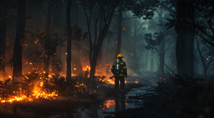 Firefighter walks through burning forest.