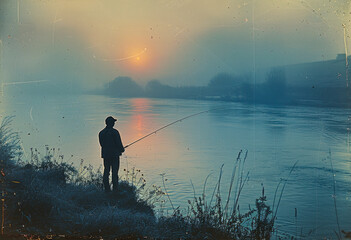 Man stands on riverbank at dawn fishing with rod.