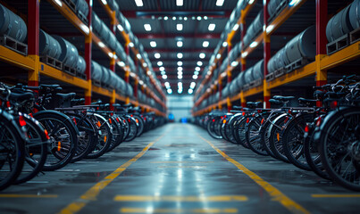 Bicycles in row in large warehouse - obrazy, fototapety, plakaty