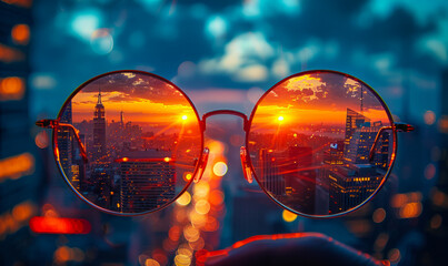The concept of modern life. Glasses are reflecting city sunset - obrazy, fototapety, plakaty