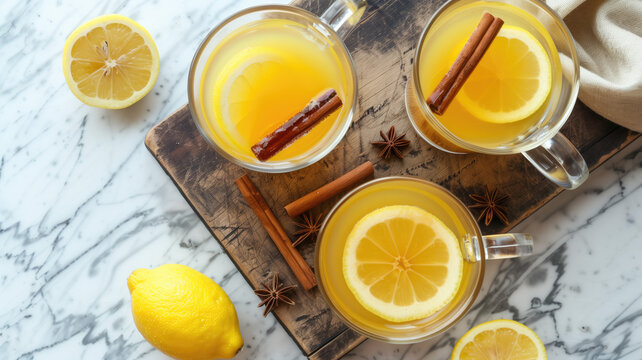Two clear glass mugs of hot apple alcohol with cinnamon sticks and lemon slices sitting on top of an old wooden board on a marble surface Generative AI