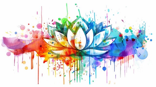  A watercolor painting featuring a lotus flower adorned with multicolored paint droplets at the base