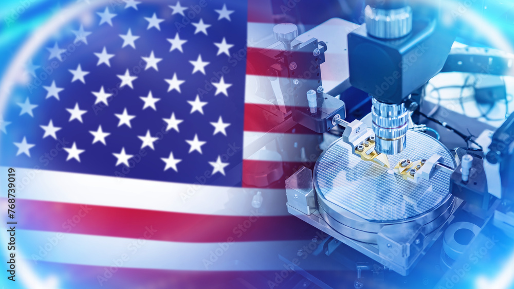 Aufkleber microelectronics production in usa. equipment for manufacture of microprocessors. us flag. productio