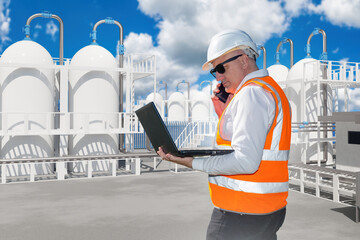 Man inspector near factory. Guy with laptop on territory plant. Inspector man checks chemical...