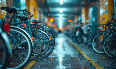 Bicycles parked in row in parking lot