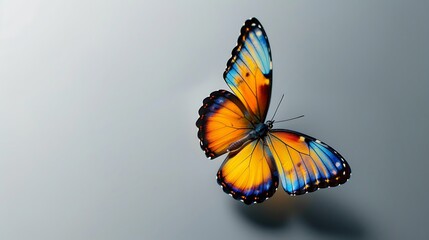 Fototapeta na wymiar Very beautiful blue yellow orange butterfly in flight isolated on a transparent background. Generative Ai