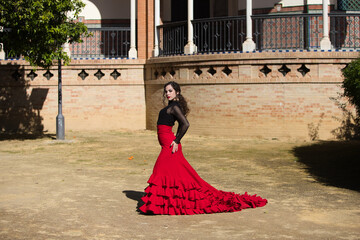 Beautiful woman dancing flamenco in Seville, Spain. She is wearing a red and black gypsy dress and...