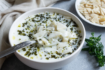 Traditional turkish homemade triangular cut yoghurt dough soup with oil and dried mint leaves