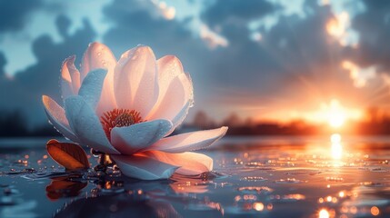  Close-up photo of flower on water, sun and clouds in the backdrop