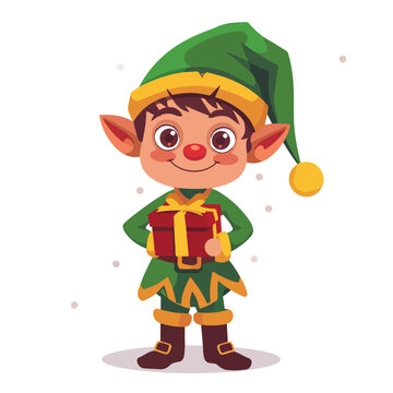 Cartoon christmas elf with gift box icon over white