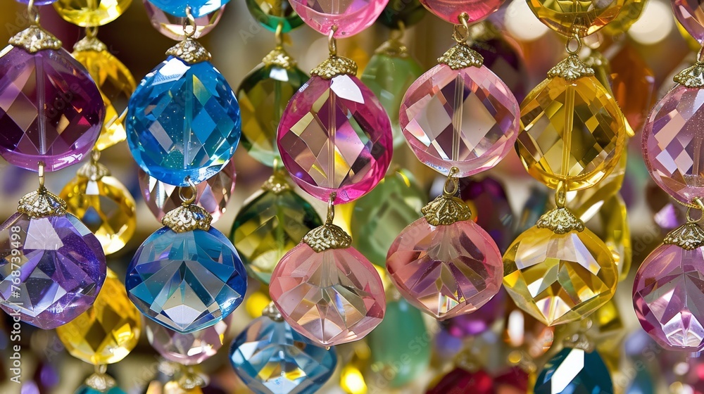 Aufkleber a close-up of multicolored beads dangling from a ceiling with a chain of beads hanging below