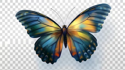 Foto op Canvas Very beautiful blue yellow orange butterfly in flight isolated on a transparent background. Generative Ai © Handz