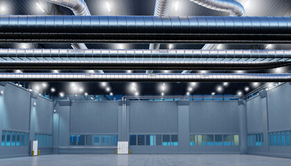 Empty industrial building. Hangar with pipes under roof. Industrial building for warehouse. Space...