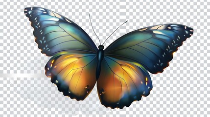 Very beautiful blue yellow orange butterfly in flight isolated on a transparent background. Generative Ai