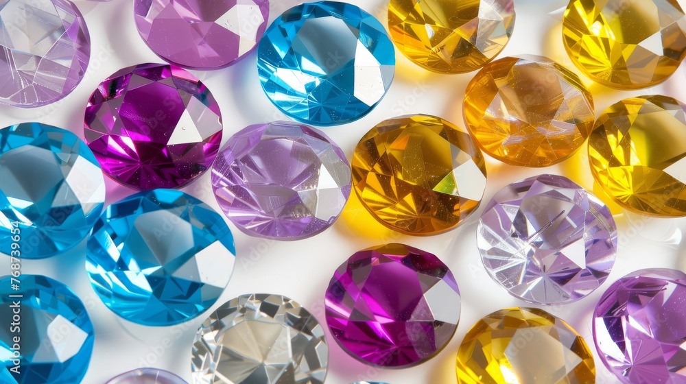 Poster a cluster of colorful diamonds on a white canvas, with one in the foreground and one at the backdrop