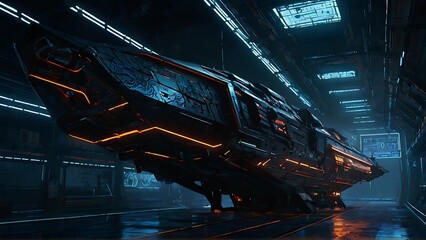 Fototapeta na wymiar A glitchy neon-noir starship hangar, where flickering lights illuminate metallic walls covered in graffiti and wires hanging dangerously low. The main subject of the image is a sleek, black starship w
