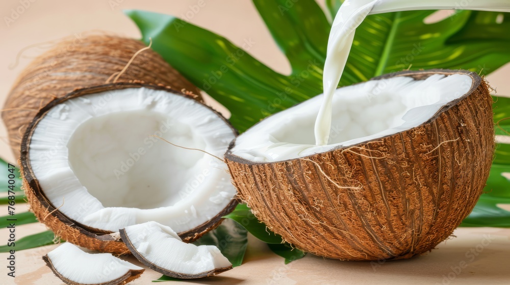 Poster a pair of coconuts rest atop a table, beside an empty milk-filled pitcher, ready to be poured into t