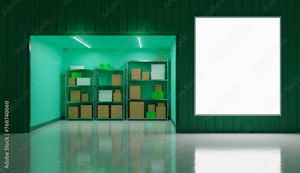 Poster storage unit without anyone. warehouse with boxes. storage room with open boxes. place for safekeepi