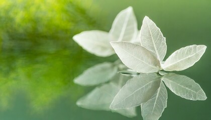 Serenity Reflected: Abstract Artistry of White Transparent Leaves on Mirror with Dreamy Green Background"