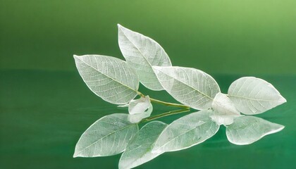 Serenity Reflected: Abstract Artistry of White Transparent Leaves on Mirror with Dreamy Green Background"