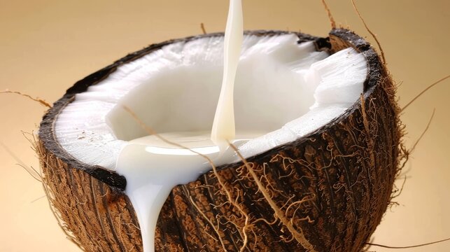  A close-up of a coconut with milk pouring out, background contains a coconut