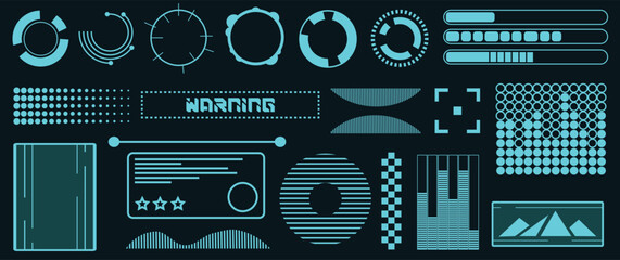 cyberpunk, retro futurism, a bright set of icons, templates, borders, stickers in neon Hi-tech elements and HUD interface. a set of geometric futuristic shapes