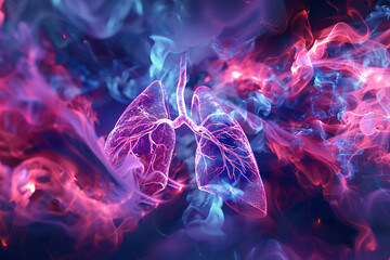 Digital illustration of impacted lung function from smoking, oxygen visualization, ambient light - obrazy, fototapety, plakaty