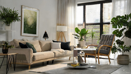 Modern living room interior with stylish comfortable sofa. Generative AI.