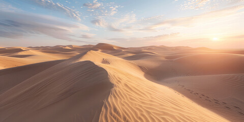 Soft golden sunlight bathes smooth hills of the desert, creating a tranquil and soothing dawn atmosphere