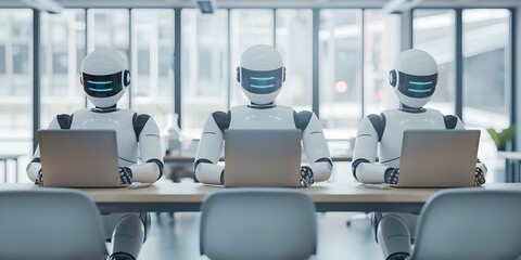 Humanoid robot office workers using laptops and networking on the internet with machine learning technology. Concept Robotics, Office automation, Artificial intelligence, Machine learning