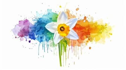  A white daffodil with a yellow center is depicted in the center of the watercolor painting