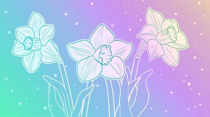 Fototapeta na wymiar Drawing of 3 daffodils on blue, purple & pink background w/ stars in sky