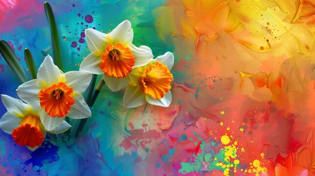  Three daffodils on multicolored background with splash of paint at bottom