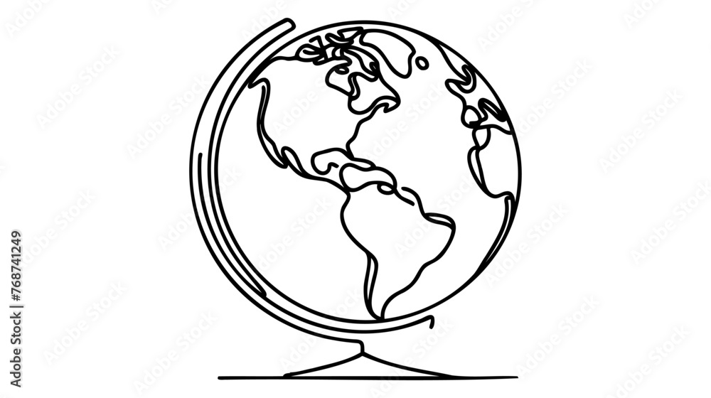 Poster continuous line art or one line drawing of global vector on white background.