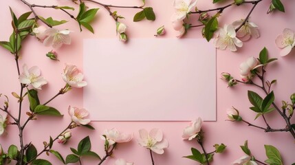 A pink paper surrounded by white flowers on a pink background, overhead shot on pink background.
