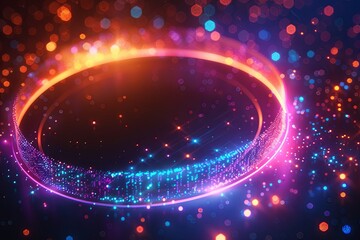 Obraz premium Abstract futuristic background with colorful glowing circular rings on dark blue backdrop. Generative AI