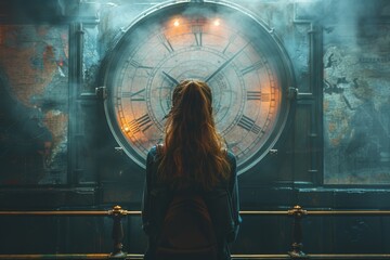 The conceptual realm where the passage of time is depicted through the symbiotic relationship between a woman and a clock, with dots painting various life events or stages - obrazy, fototapety, plakaty