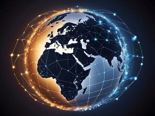 A global network depicted by a shining globe emphasizes interconnected economies. The Concept includes Global Economy, International Trade, Connected Markets, and Economic Interdepe Global Business 
