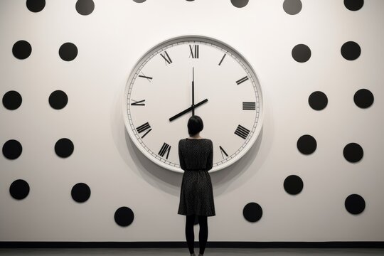 The conceptual realm where the passage of time is depicted through the symbiotic relationship between a woman and a clock, with dots painting various life events or stages