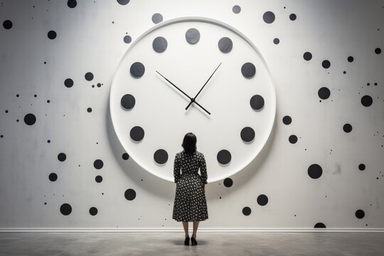 The conceptual realm where the passage of time is depicted through the symbiotic relationship between a woman and a clock, with dots painting various life events or stages